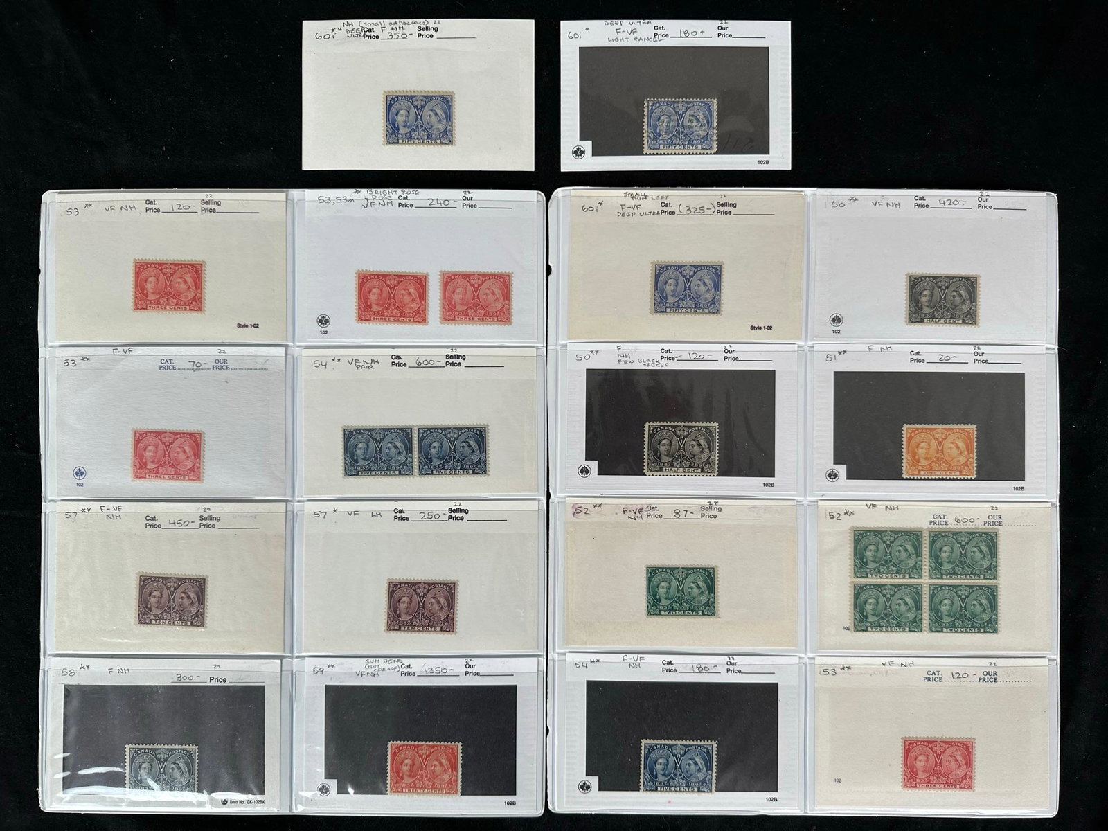 Canada 1897 #50-#60 Diamond Jubilee Mint Stamp Collection: Canada 1897 #50-#60 Diamond Jubilee Mint stamp collection. 23 stamps, all MNH and MLH. Highlights include a block of 4 of #52 VF/MNH, #54 VF/MNH pair, #57 VF/MNH, #58 VF/MNH, #59 VF/MNH/Gum Bend not c