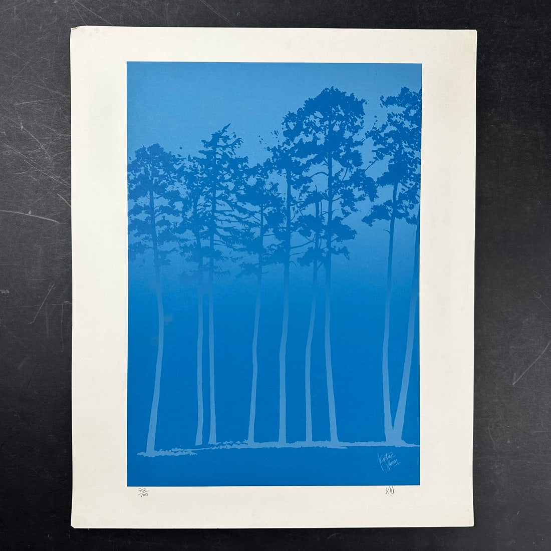 Kristine Nason "Trees in Blue" Limited Edition Print: Kristine Nason "Trees in Blue" limited edition print, signed lower right and numbered 72/100 lower left. Minor crease upper left corner. Image: 21 1/2" x 15". Paper: 25" x 20 1/2".