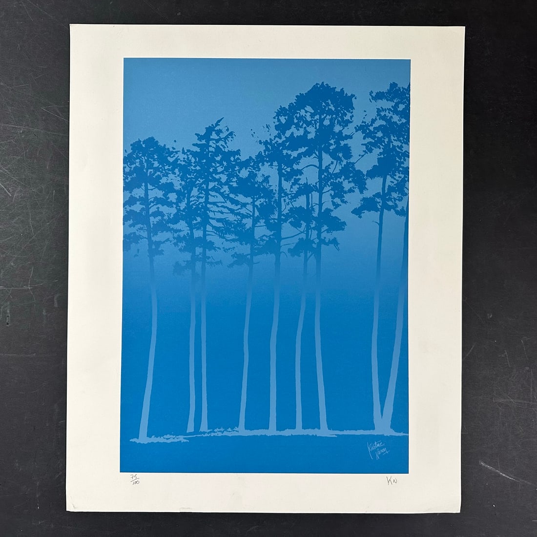 Kristine Nason's "Trees in Blue" Limited Edition Print: Kristine Nason's "Trees in Blue" limited edition print, signed lower right and numbered 75/100 lower left. Image: 21 1/2" x 15". Paper: 25" x 20 1/2".
