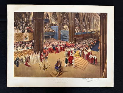 Terence Cuneo's "The Coronation of Queen Elizabeth II in Westminster Abbey" Signed Print: Terence Cuneo's "The Coronation of Queen Elizabeth II in Westminster Abbey" print, signed lower right, and numbered 517. This print is from the original, painted June 20th, 1954. This piece shows some