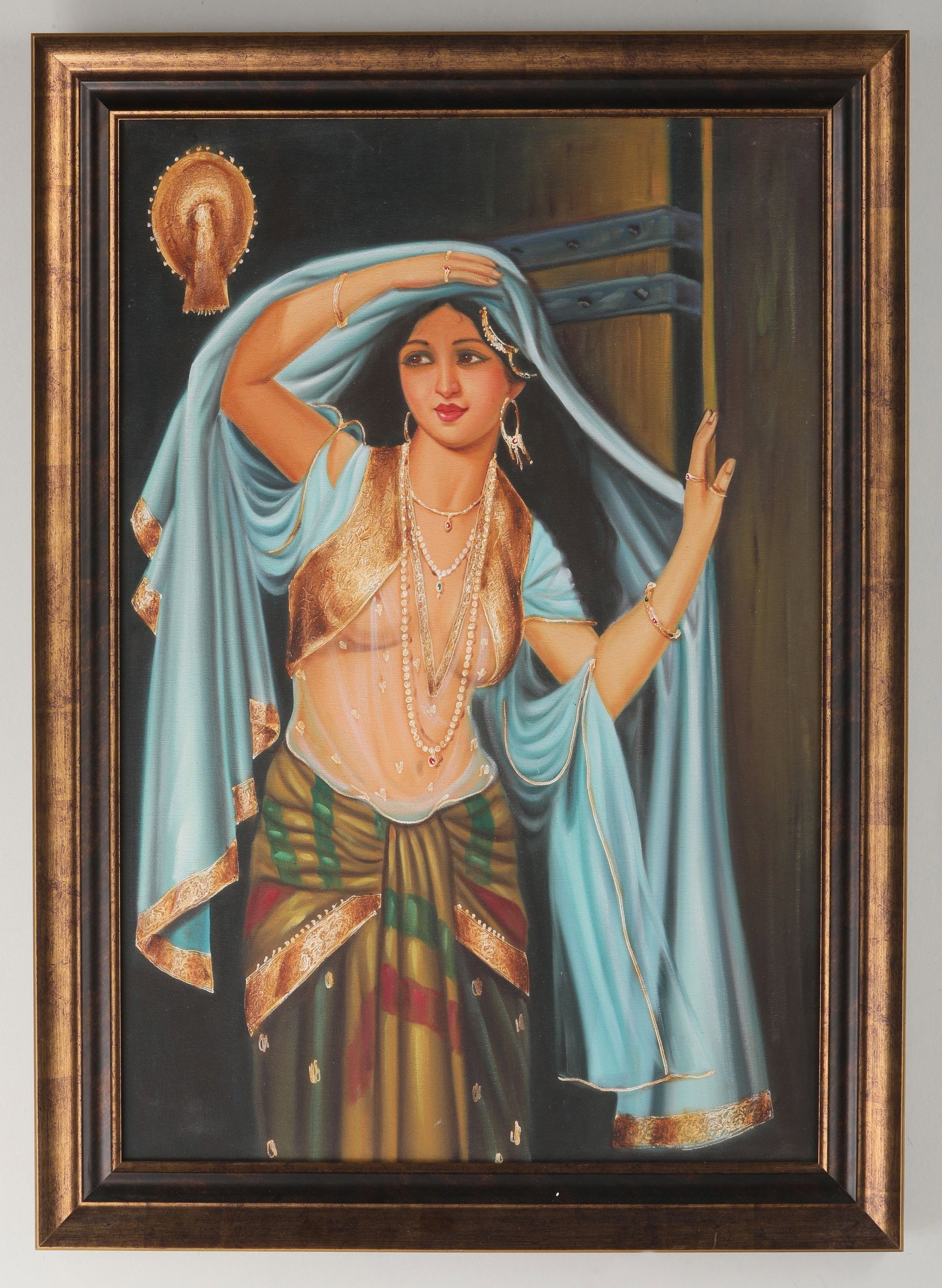 Original Indian Belly Dancer Painting: An original oil on canvas painting of an Indian belly dancer. This piece has been professionally framed. Image- 35" x 23 1/2". Frame- 40 3/4" x 29 1/4".