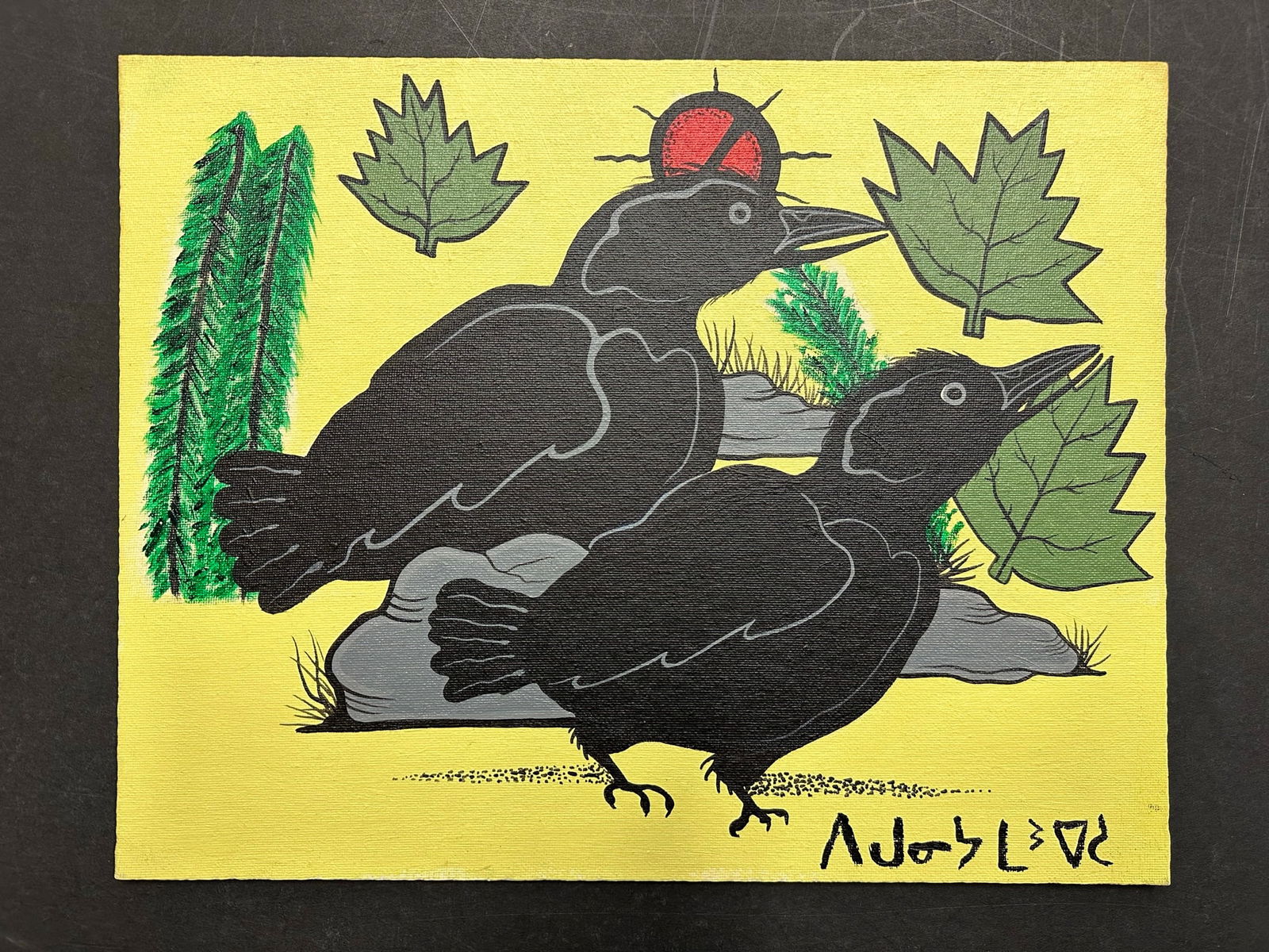 Victoria Kakegamic's "Crows - Male and Female Lovers" Original: Victoria Kakegamic's "Crows - Male and Female Lovers" original acrylic on artist board, signed in Cree syllabics lower right, and dated July '08 au verso. Two crows stand beside each other, with a few