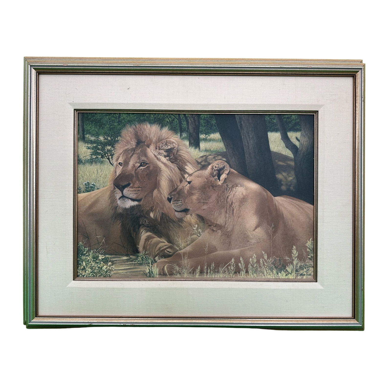 W. David Ward's "Lion and Lioness Pair" Original: W. David Ward, untitled, (Lion and Lioness Pair), original acrylic on canvas painting. This piece is of a lion and lioness laying on the ground, underneath a tree. Signed and dated at bottom. This pie