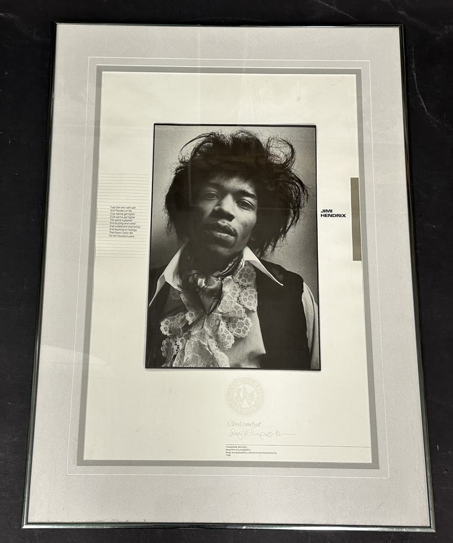 Jimi Hendrix Barrie Wentzell Photographic Print: A photographic print of Jimi Hendrix by famous photographer Barrie Wentzell, done in 1988, signed lower middle. It is a black and white photograph print of a close up of Hendrix. "Fuzz bx and wah-wah,