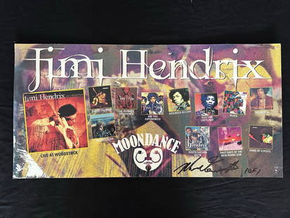 Jimi Hendrix Live at Woodstock Publicity Poster: Jimi Hendrix Live at Woodstock out of print Moondance cardboard publicity poster, signed 1 of 1. This piece shows minor pinholes in corners, some surface damage, minor moisture damage left edge, and s