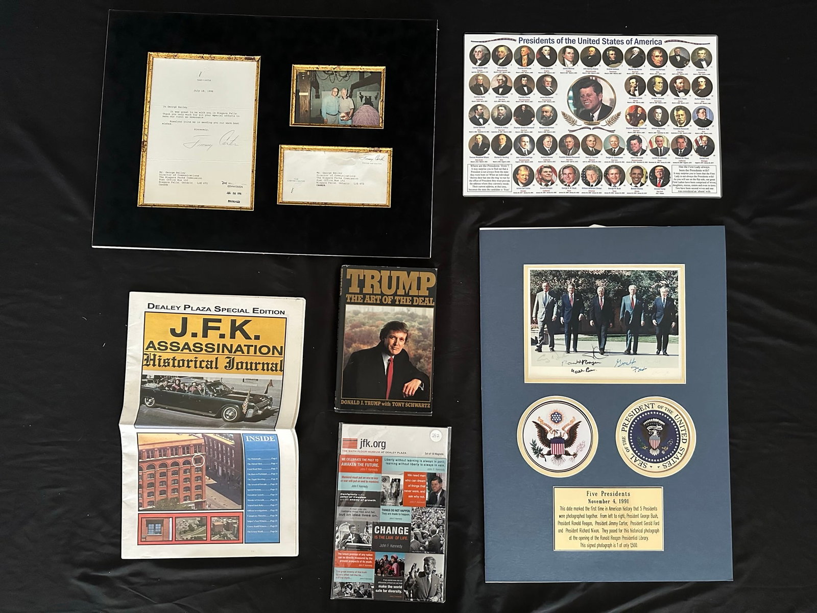 Various Pieces- American Presidents: A grouping of various pieces, all with an American presidents theme. Includes a hardcover book titled "Trump- The Art of the Deal" by Donald J. Trump with Tony Schwartz, Dealey Plaza Special Edition "