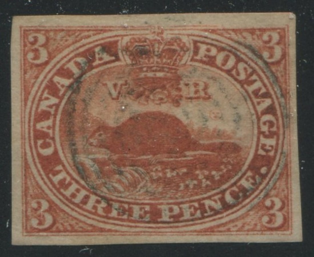 Canada 1852-57, #4, 3d red lightly used, with four good to large margins,: Canada 1852-57, #4, 3d red lightly used, with four good to large margins, Unitade value $300 ($218 USD) appears f-vf