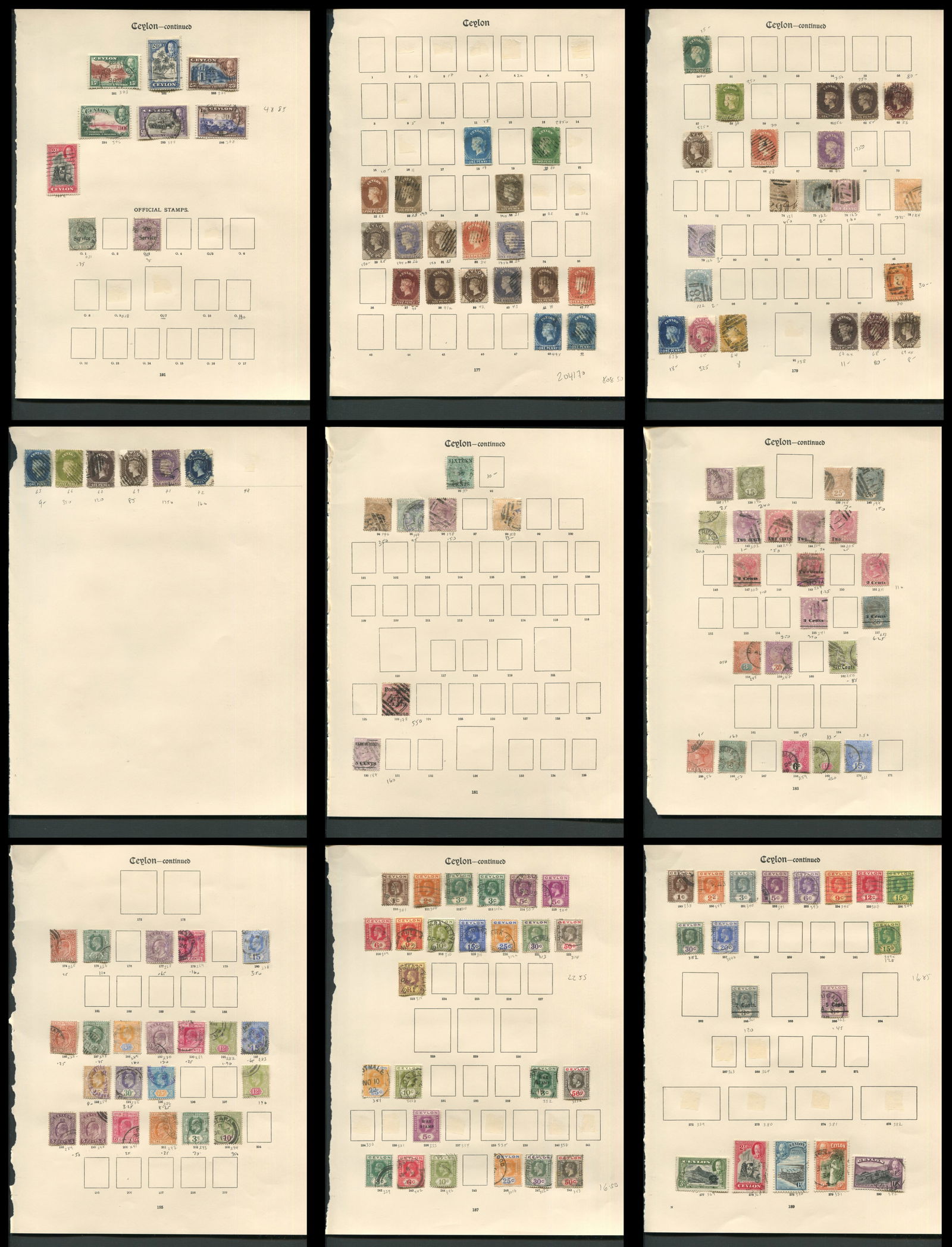 Ceylon 1861 to1935, #15/ #274, a used collection on leaves, (1 of 10)