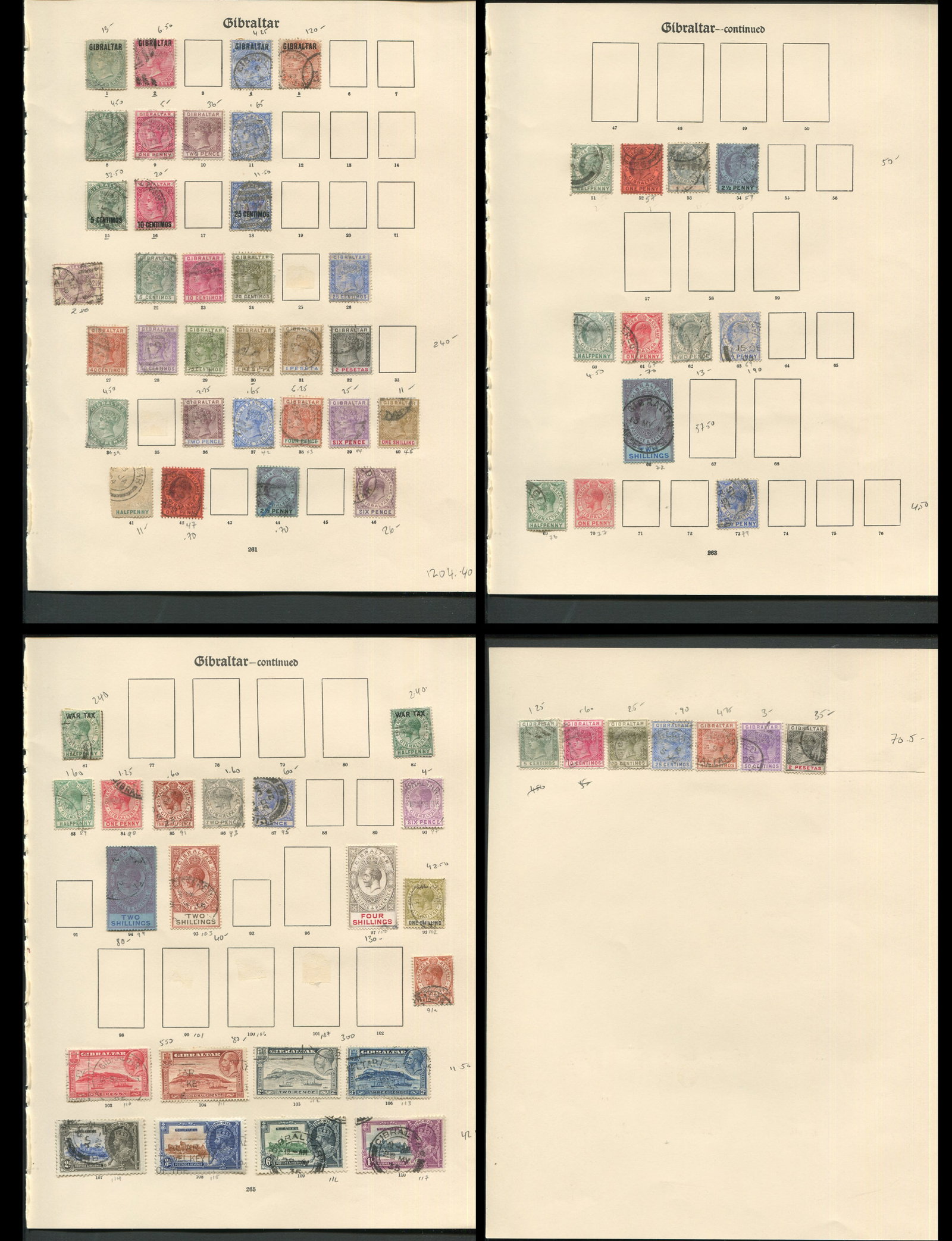 Gibraltar 1886-1935 #1/#103 Used Collection: Gibraltar 1886 to 1935, #1 /#103, a used collection on leaves, Scott value $1204, appears f-vf