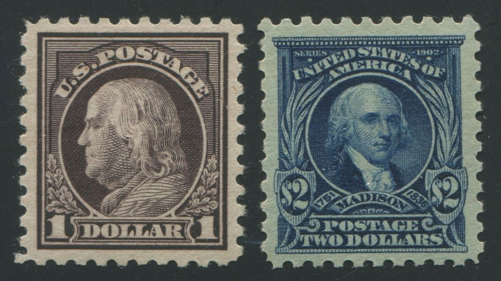 USA 1916-1917 #478-#479 Mint F-VF/VF: USA 1916 #478 $1 Violet Black Mint VF with ever so slightly disturbed original gum, and USA 1917 #479 $2 Dark Blue F-VF Mint with a miniscule amount of gum loss to upper right corner. Very attractive