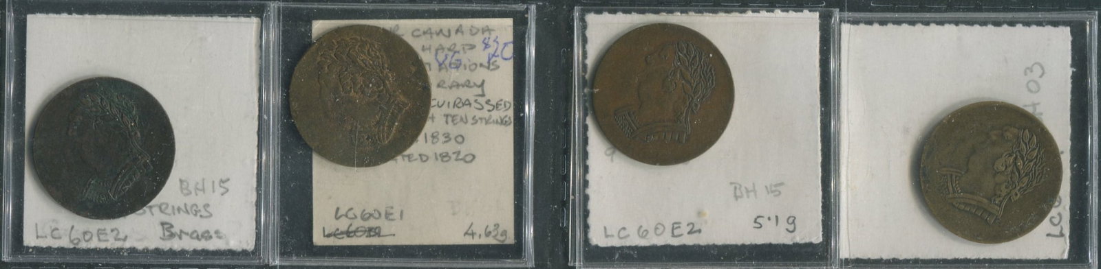 Lower Canada 1820 Bust and Harp Tokens. Consists of 4 Lower Canada "Bust and Harp" tokens,: Lower Canada 1820 Bust and Harp Tokens.