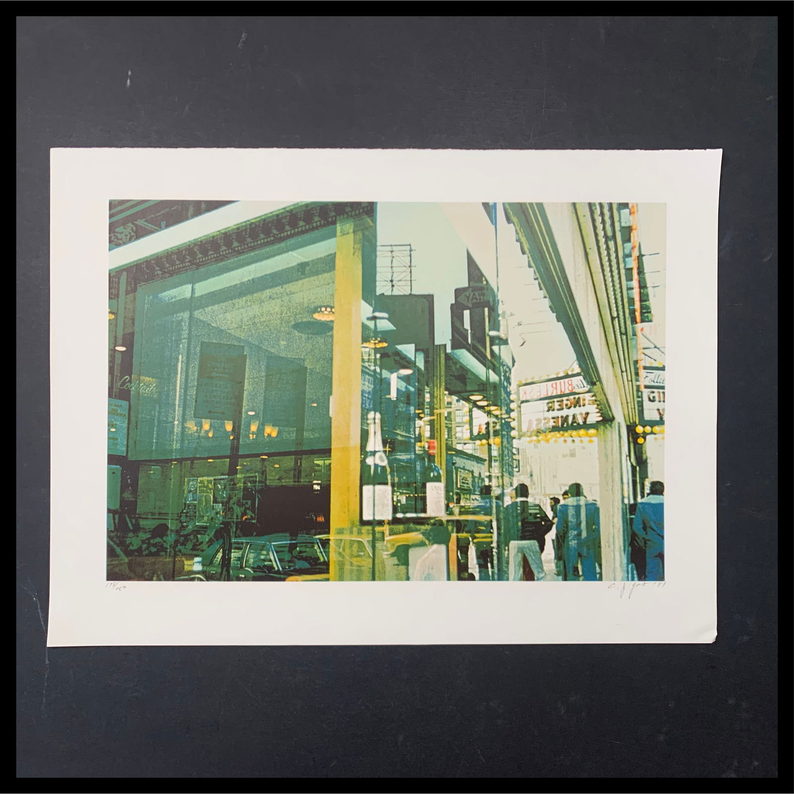C.J. Yao's "Liquor Store Reflection" Limited Edition Print: C.J. Yao's "Liquor Store Reflection" limited edition print, signed lower right and numbered 178/250 lower left. This piece is a scene in downtown New York, as a reflection from a liquor store's front