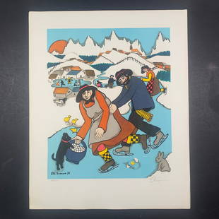 Elke Sommer's "Ice Skating on the River" Limited Edition Print: Elke Sommer's "Ice Skating on the River" limited edition print, signed lower right and numbered 269/325 lower left. This piece is of a couple skating, with the woman holding a basket of eggs, and a do