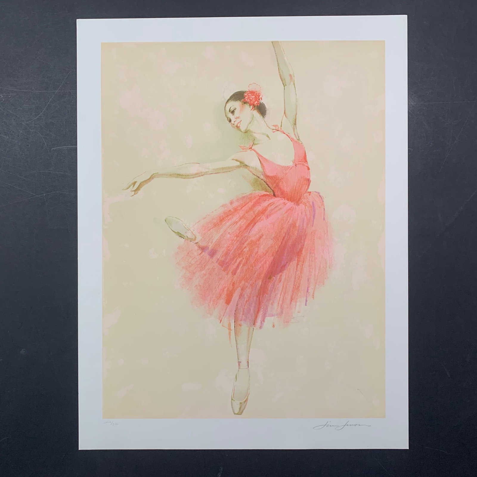 Jim Jonson's "Ballet I" Limited Edition Print: Jim Jonson's "Ballet I" limited edition print, signed lower right and numbered 214/300 lower left. This piece is of a ballerina, mid pose, wearing a pink tutu. This piece is in near excellent conditio