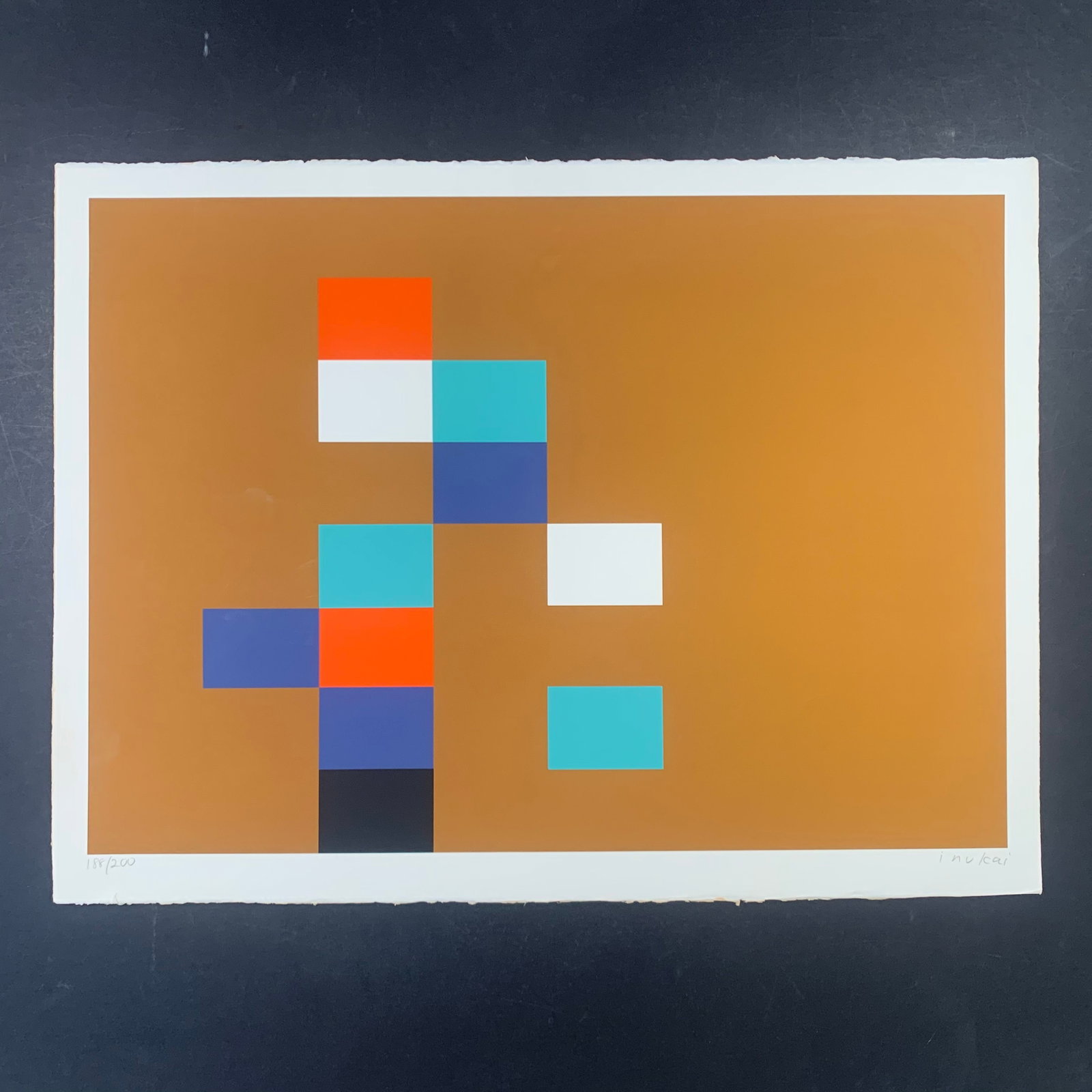 Kyohei Inukai's "11 Units on Ochre" Limited Edition Print: Kyohei Inukai's "11 Units on Ochre" limited edition print, signed lower right, and numbered 188/200. This piece is in great condition, with a miniscule incision lower left. Image: 20" x 28". Paper: 22