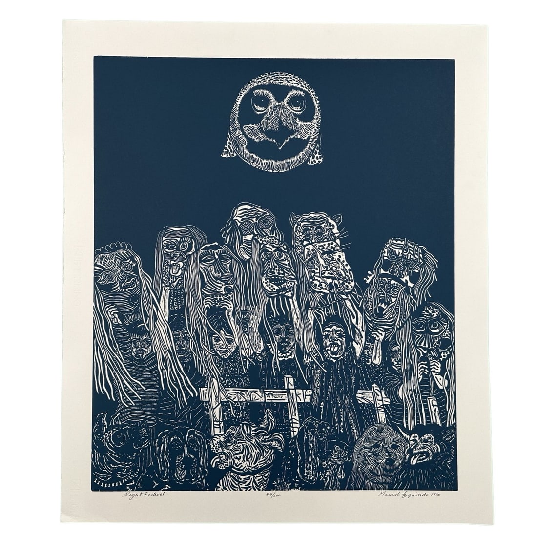 Manuel Izquierdo's "Night Festival, Blue" Limited Edition Print: Manuel Izquierdo's "Night Festival, Blue" limited edition print, signed and dated '80 lower right, titled lower left and numbered 44/100 lower middle. In excellent condition and has never been framed.