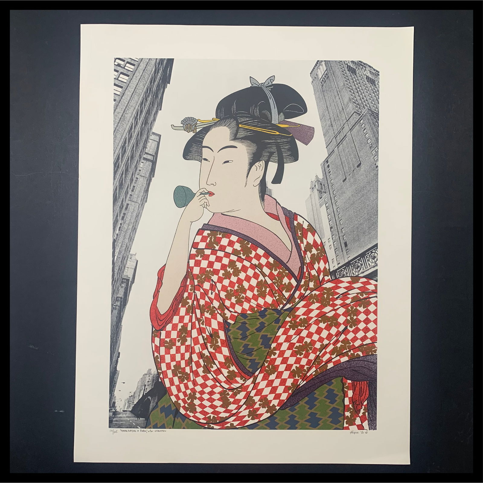 Michael Knigin's "Woman Playing a Poppin After Utamaro" Limited Edition Print: Michael Knigin's "Woman Playing a Poppin After Utamaro" limited edition print, signed lower right, and numbered 121/225 lower left. This piece is of a Japanese woman, playing a poppin. This piece is i