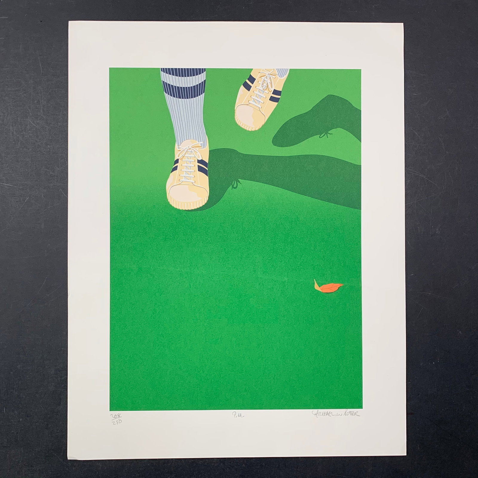 Michael W. Rotter's "P.M." Limited Edition Print: Michael W. Rotter's "P.M." Limited Edition Print. Someone is walking towards the artist. A leaf is on the green grass. This piece is signed in the lower right, numbered 208/250 in the lower left and t