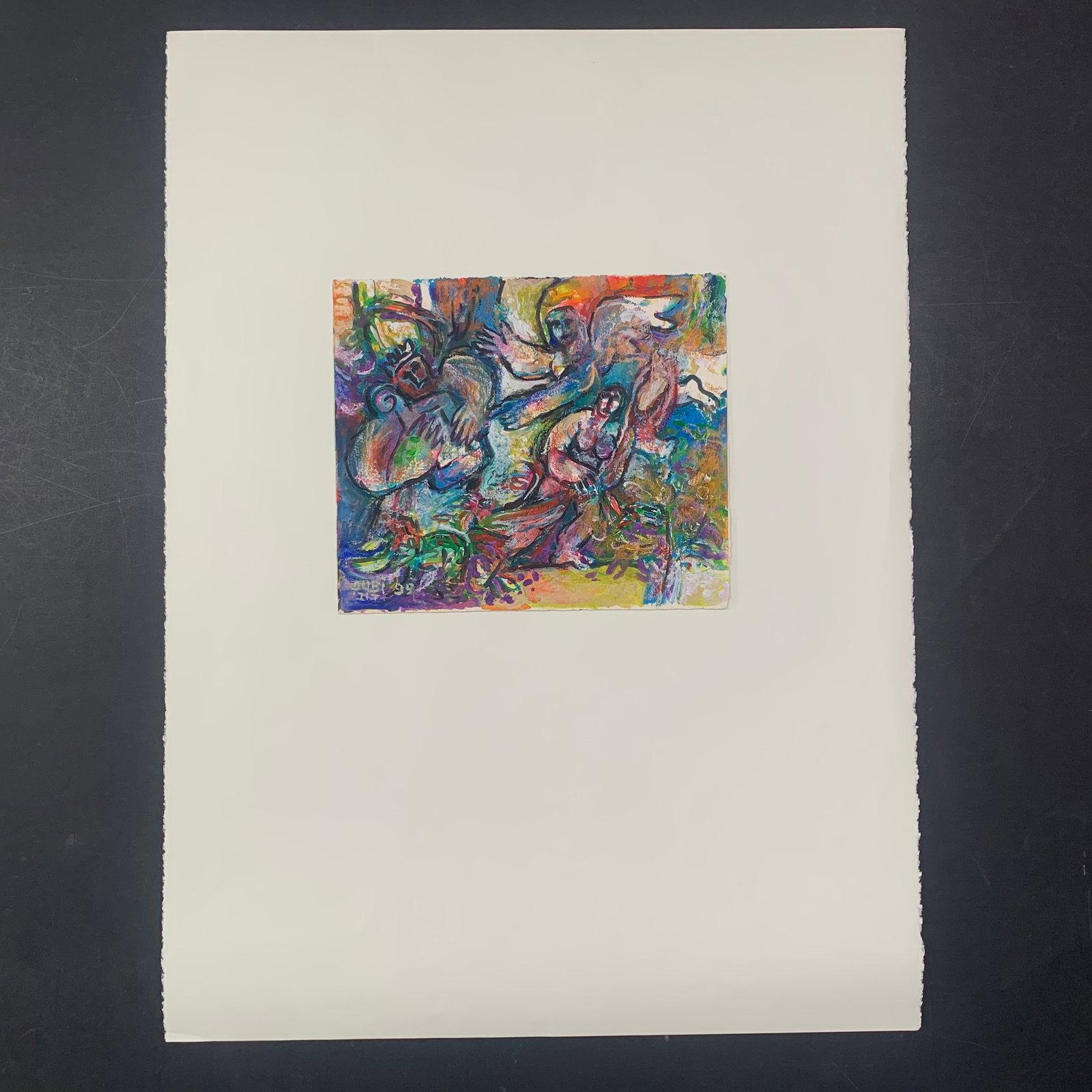 Dubi Arie's "A Song in the Garden" Original: Dubi Arie's "A Song in the Garden" original mixed media on paper painting, signed and dated lower left. This piece is of a few people dancing, including a King and an angel, done in Arie's signature s
