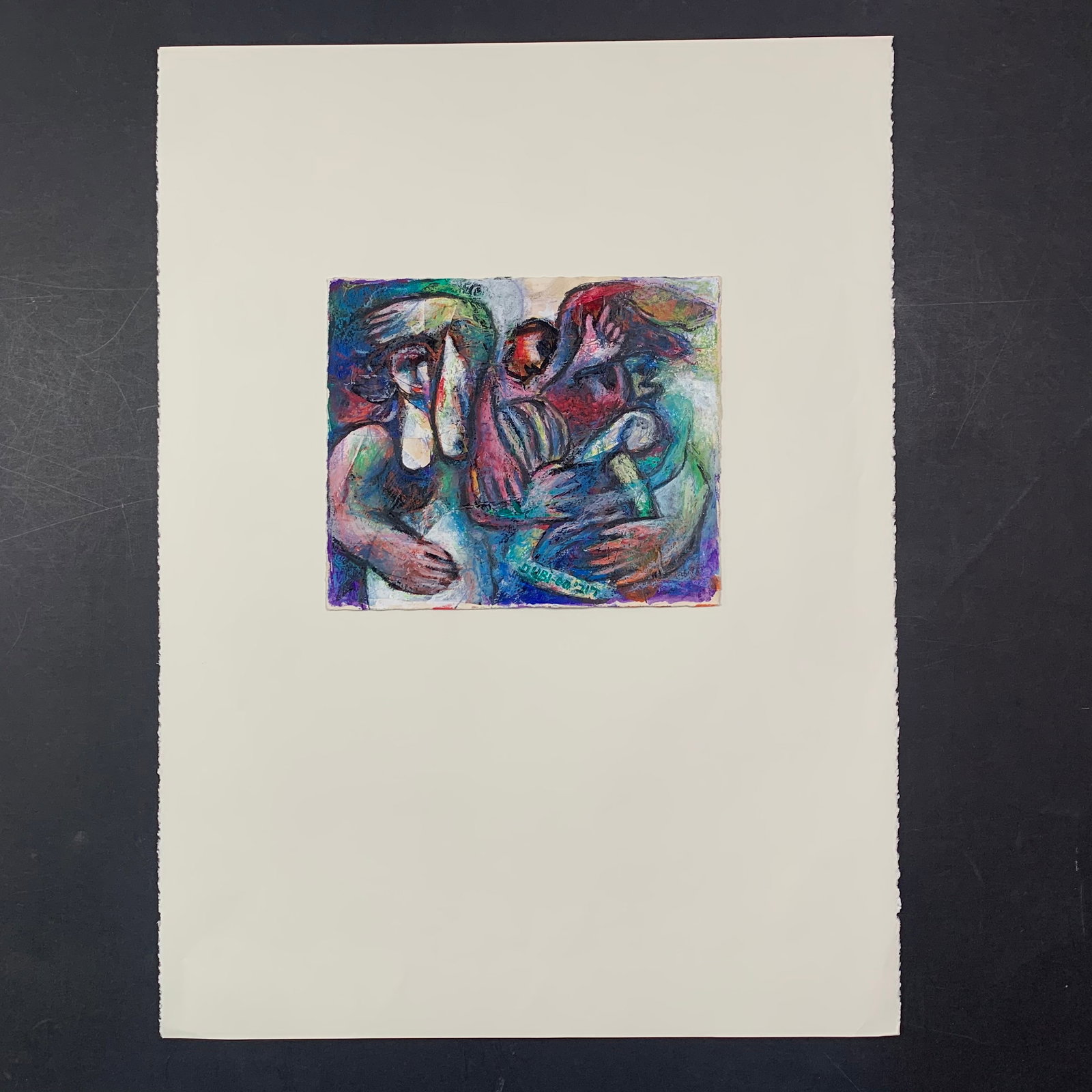 Dubi Arie's "The Temptation" Original: Dubi Arie's "The Temptation" original mixed media on paper painting, signed and dated lower middle. This piece is of a few people dancing, with prominent hands, done in Arie's signature style. This pi
