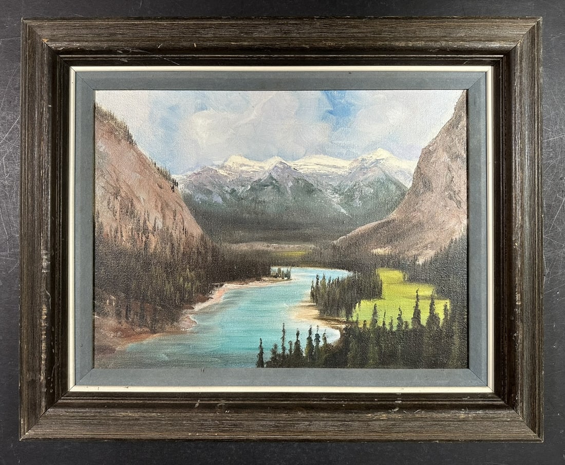 Frederick Priddat's "Bow Valley, Banff" Original: Frederick Priddat's "Bow Valley, Banff" original oil on canvas, signed lower right, titled and stamped 'Evalon House of Art Rockies & Wild Flowers' au verso, and professionally custom framed. Beautifu