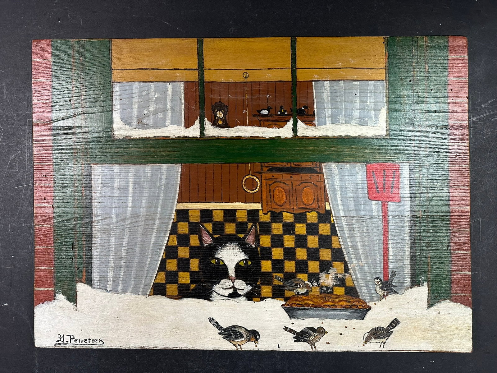 Gilles Pelletier's "Temptation" Original: Gilles Pelletier's "Temptation" original acrylic on wood, signed lower left, and titled, signed and dated 1979 au verso. A cat peers through a window at little birds outside eating at a load of bread.