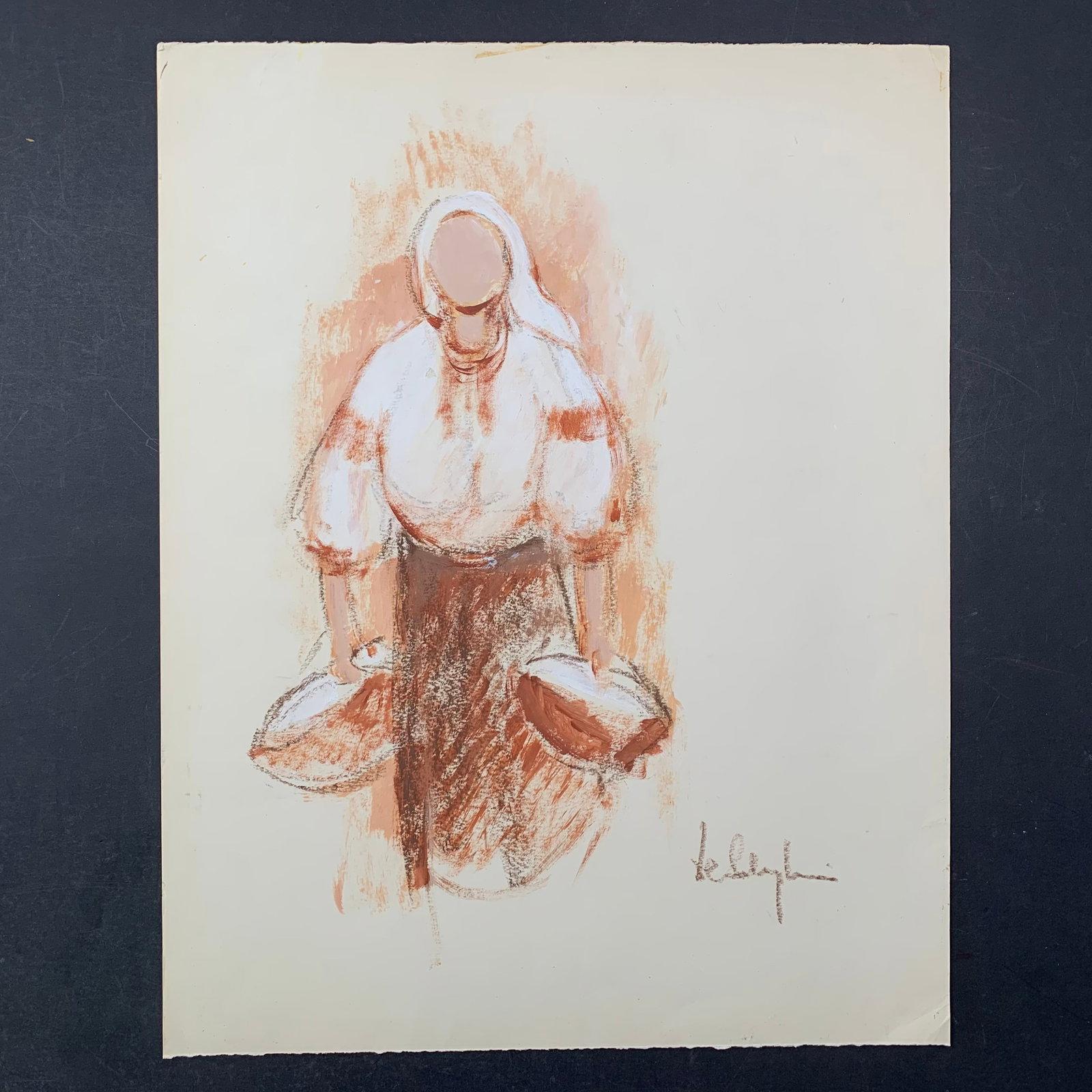 Helen de Silaghi, Original Mixed Media on Paper: Helen de Silaghi, Original Mixed Media on Paper. A woman in white and reddish brown, carries some baskets towards the artist. This piece is signed in the lower right. It is in excellent condition. Ima
