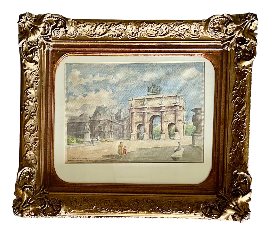 Ida Wilkinson's "Amical Souvenir" Original: Ida Wilkinson's "Amical Souvenir" original watercolour, signed and dated 1954 lower left. A scene of the Arc de Triomphe du Carrousel in Paris, with a mother and daughter holding a small souvenir in t