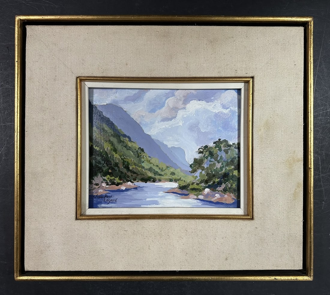 Jean-Paul Legaré's "Splendeur des Montagnes Riv. Jacques Cartier" Original: Jean-Paul Legaré's "Splendeur des Montagnes Riv. Jacques Cartier" original acrylic on board, signed lower left, and titled au verso. A landscape of the Cartier River, with trees on both sides of 