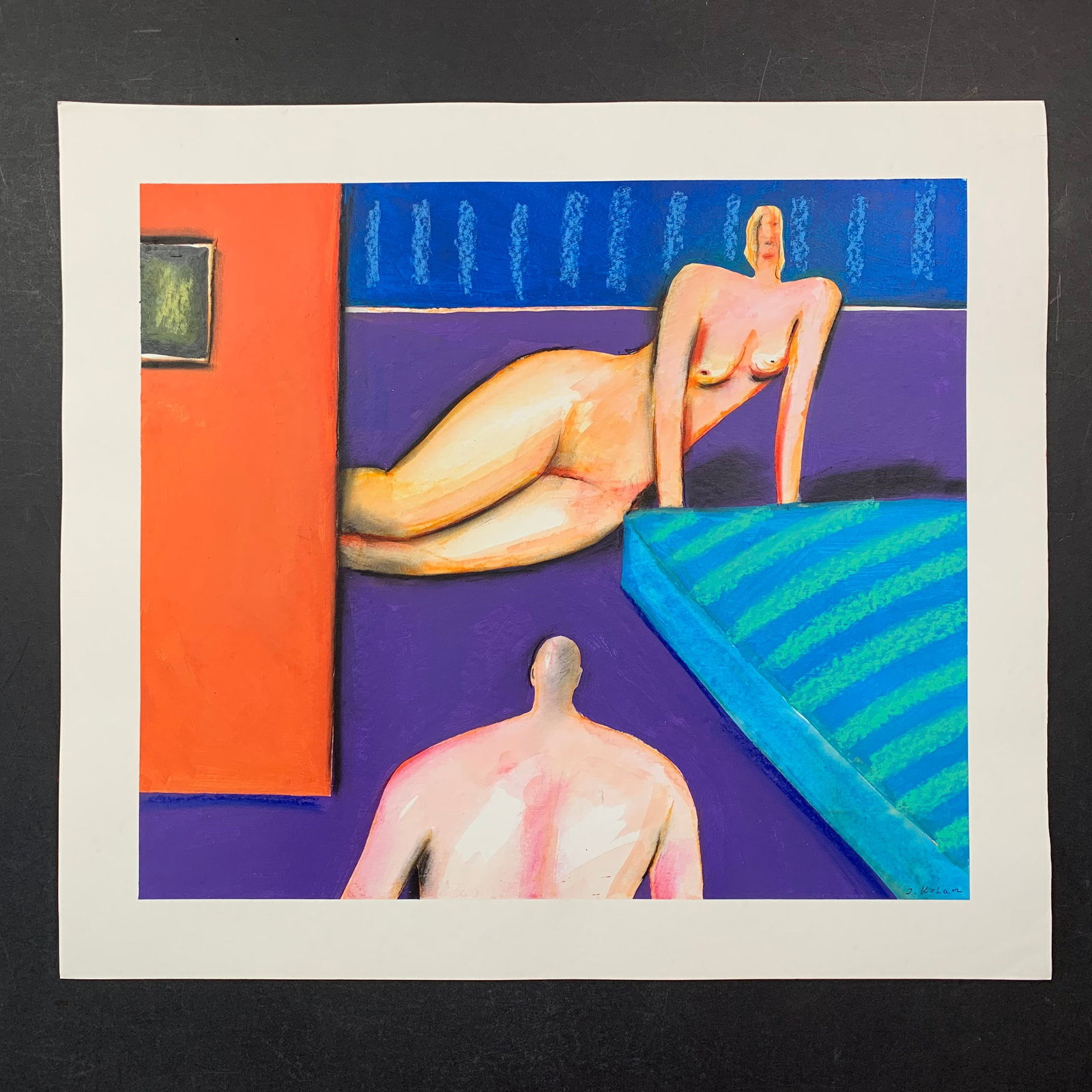 Jerzy Kolacz's "In The Bedroom" Original: Jerzy Kolacz's "In The Bedroom" original mixed media on paper painting, signed lower right. This piece is of a nude couple, in their bedroom, with the woman laying and posing on the floor. This piece 