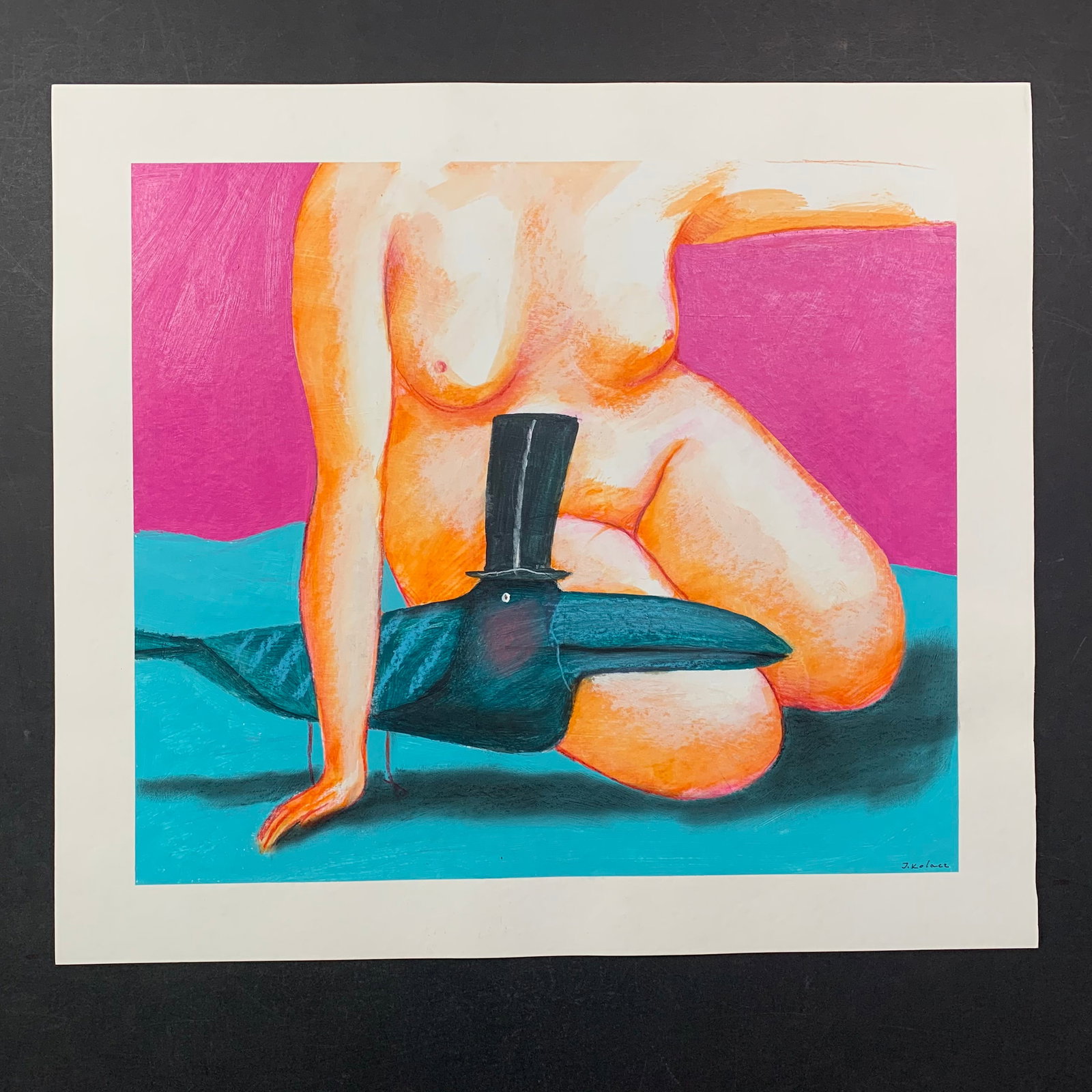 Jerzy Kolacz's "Kneeling Nude" Original: Jerzy Kolacz's "Kneeling Nude" original pastel on paper, signed lower right. This piece is of a nude woman kneeling on the flor, with her pet bird in front of her. This piece is in excellent condition