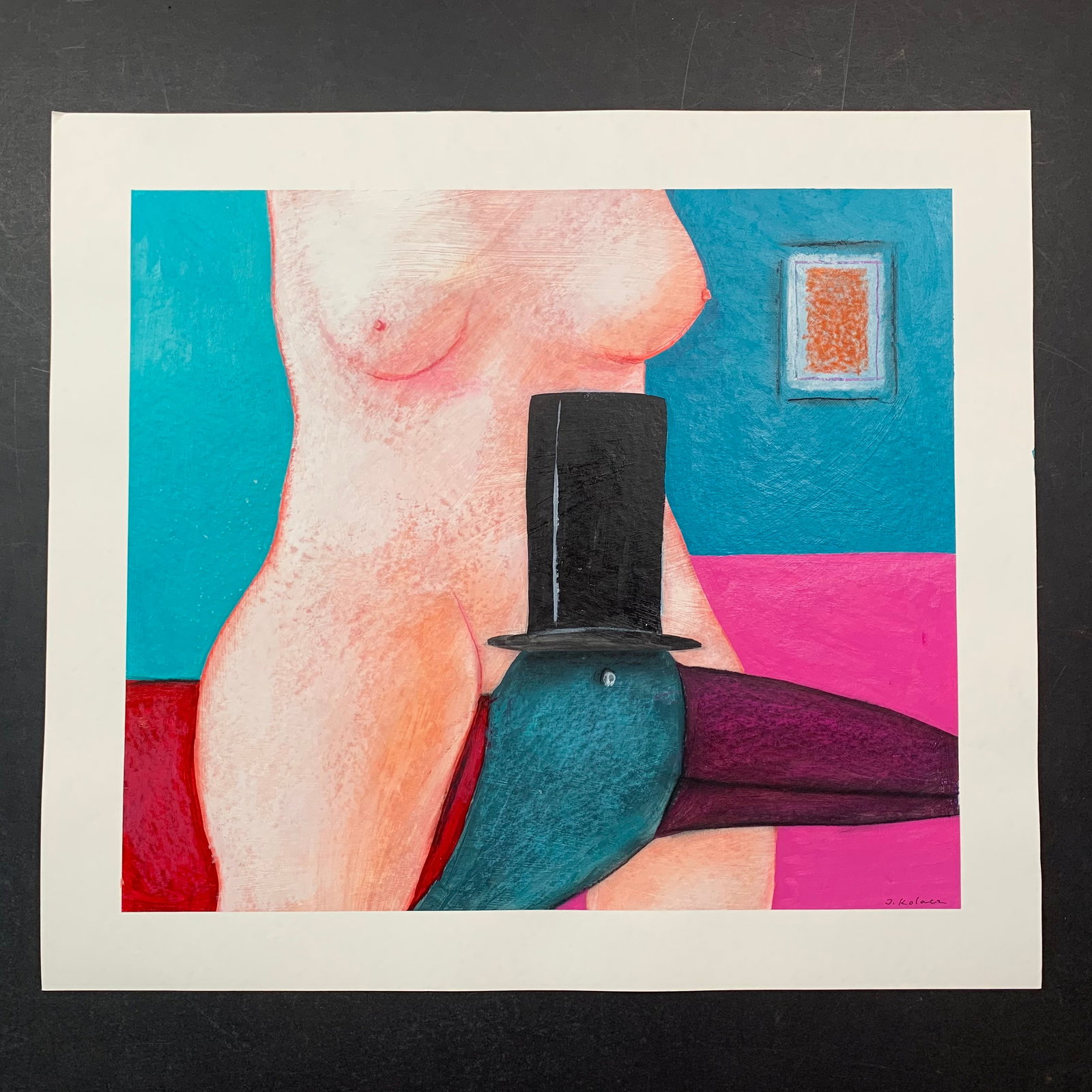 Jerzy Kolacz's "Nude with Bird" Original: Jerzy Kolacz's "Nude with Bird" original mixed media on paper painting, signed lower right. This piece is of a nude woman, with her pet bird wearing a top hat, in front of her. This piece is in excell