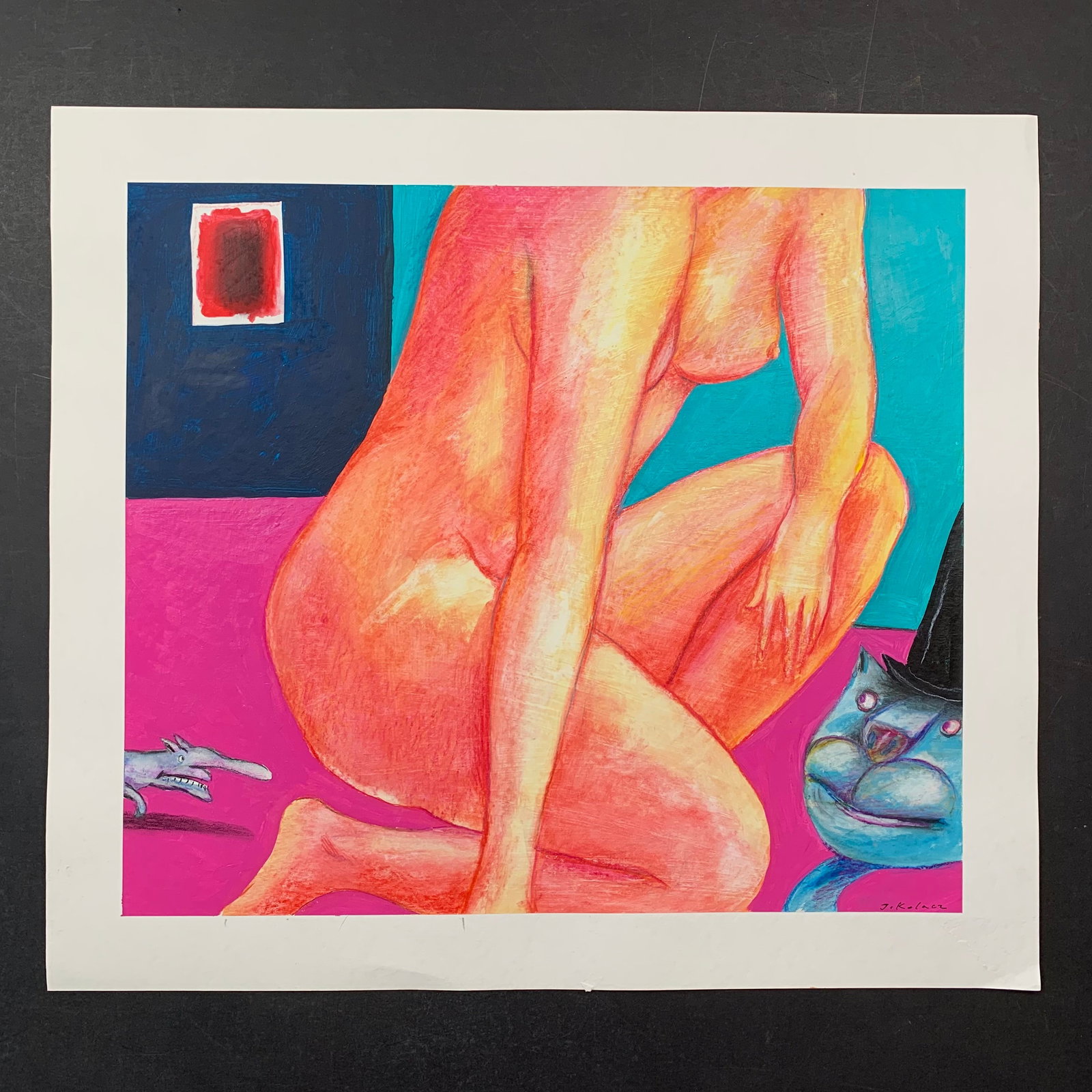Jerzy Kolacz's "Posing for Pets" Original: Jerzy Kolacz's "Posing for Pets" original mixed media on paper painting, signed lower right. This piece is of a nude woman kneeling, posing for her pet cat, and small rodent friend. This piece is in e