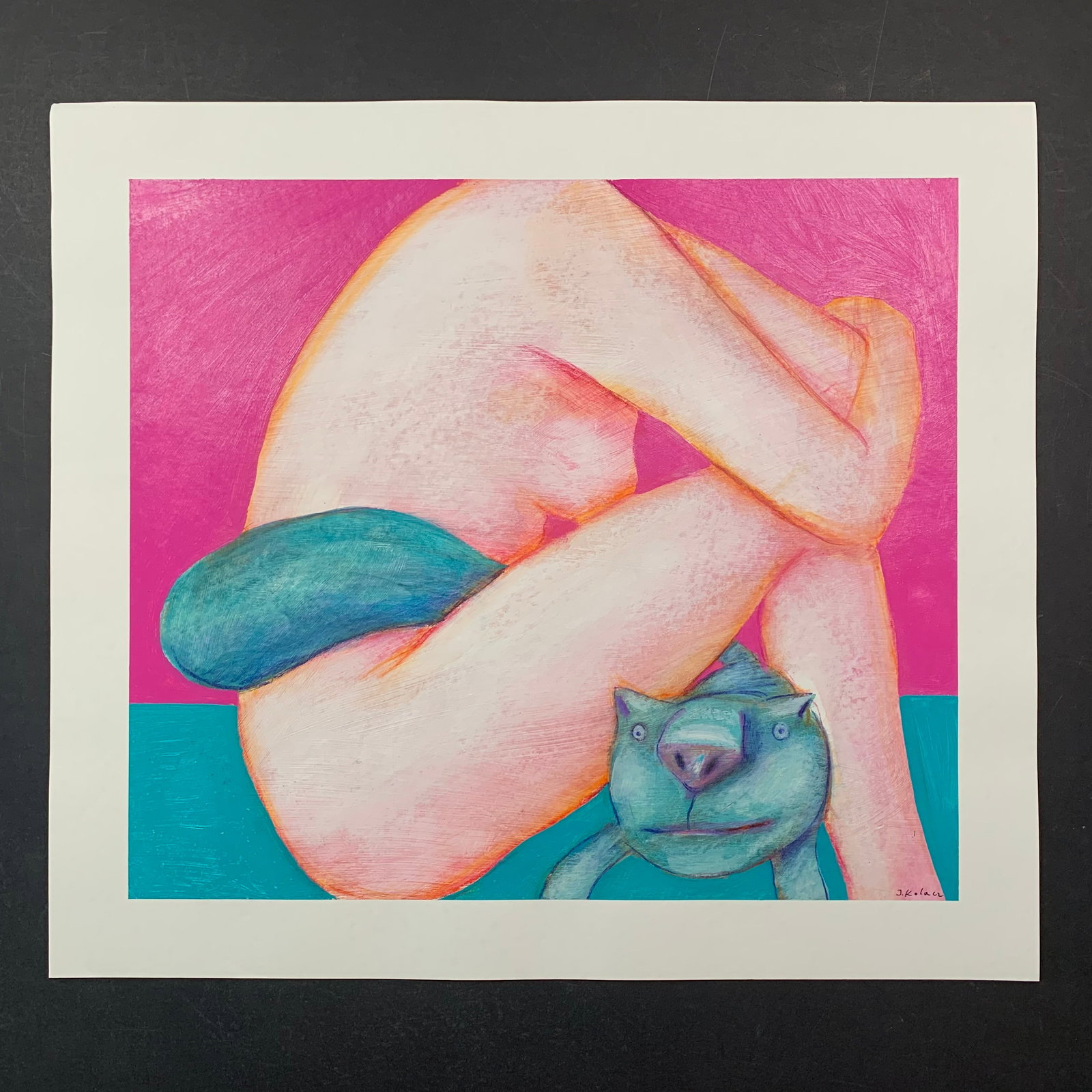 Jerzy Kolacz's "Resting with Kitty" Original: Jerzy Kolacz's "Resting with Kitty" original mixed media on paper painting, signed lower right. This piece is of a nude woman, seated and hunched over, with her pet cat beside her. This piece is in ex