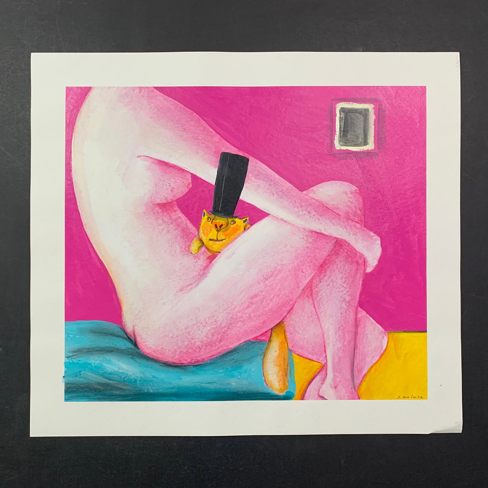 Jerzy Kolacz's "Seated Nude" Original: Jerzy Kolacz's "Seated Nude" original pastel on paper, signed lower right. This piece is of a nude woman sitting, holding her leg, with her pet cat in her lap. This piece is in near excellent conditio