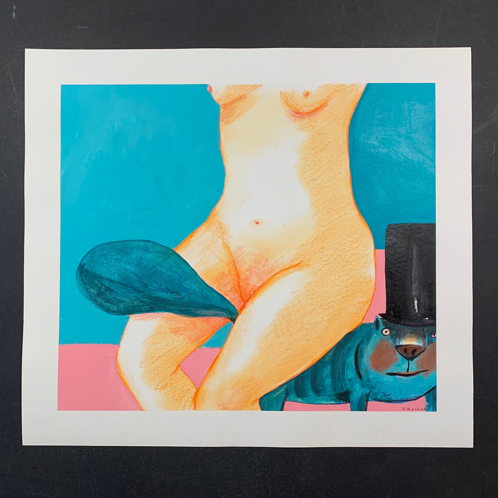 Jerzy Kolacz's "Sitting on Kitty" Original: Jerzy Kolacz's "Sitting on Kitty" original mixed media on paper painting, signed lower right. This piece is of a nude woman, sitting on her pet cat who is wearing a top hat. This piece is in excellent