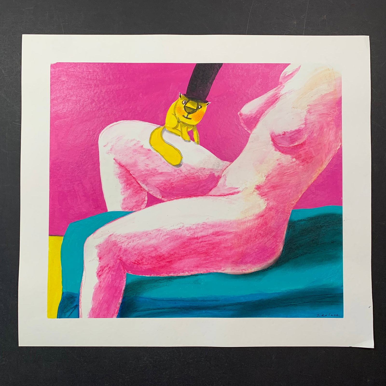 Jerzy Kolacz's "Taking a Break with Kitty" Original: Jerzy Kolacz's "Taking a Break with Kitty" original mixed media on paper painting, signed lower right. This piece is of a nude woman sitting, with her pet kitten resting on her thigh. This piece is in