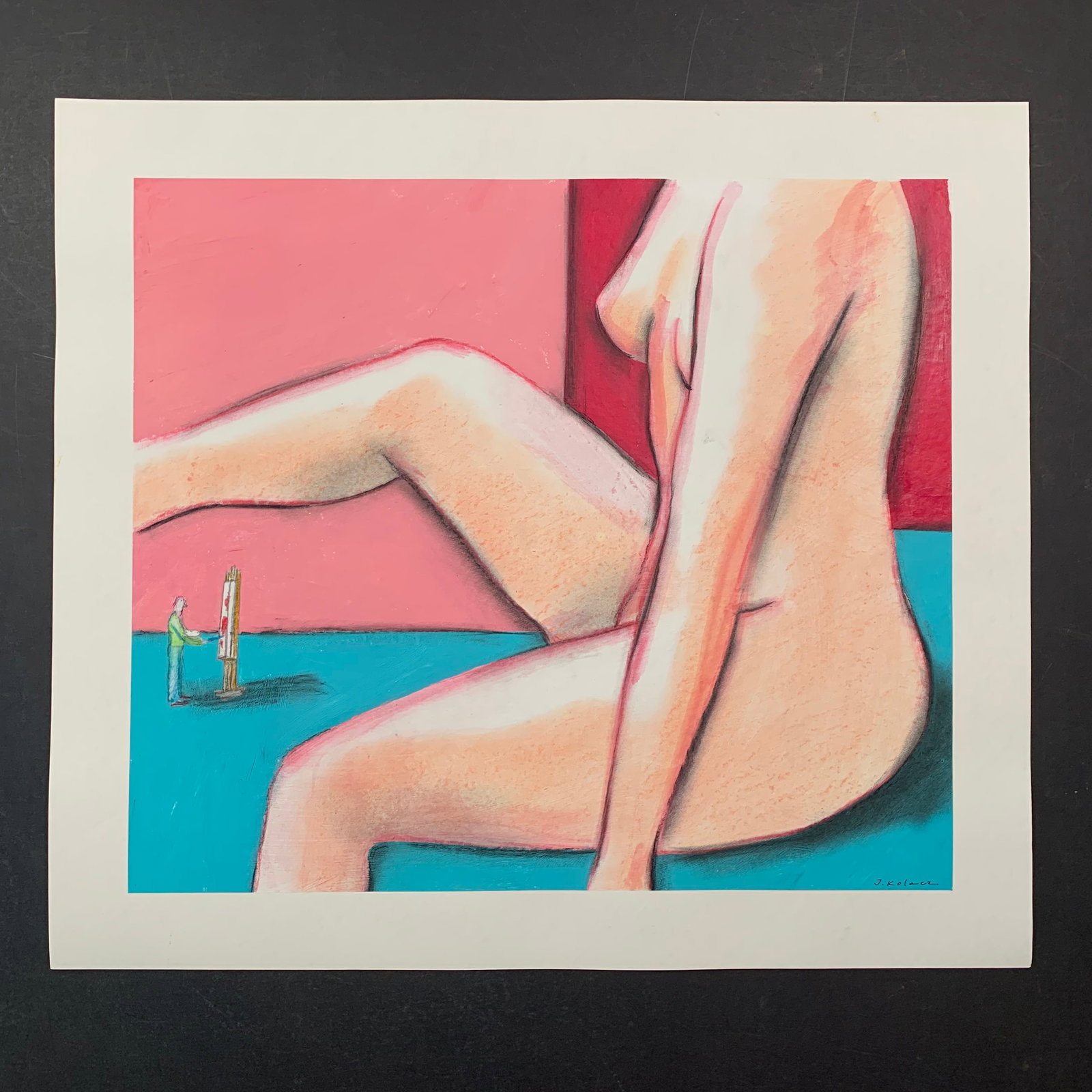 Jerzy Kolacz's "The Nude Model" Original: Jerzy Kolacz's "The Nude Model" original mixed media on paper painting, signed lower right. This piece is of a nude woman, posing for a man who is painting an image of her. This piece is in excellent 