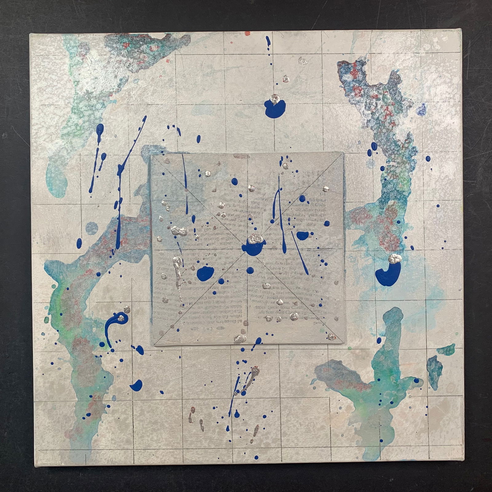 Jiri Ladocha, Untitled, Original Mixed Media on Canvas: Jiri Ladocha's, Untitled, Original Mixed Media on Canvas. Paint, pencil and collage on Canvas. This piece is signed on the back and is in very good condition. Image: 18" x 18". Canvas: 18" x 18".