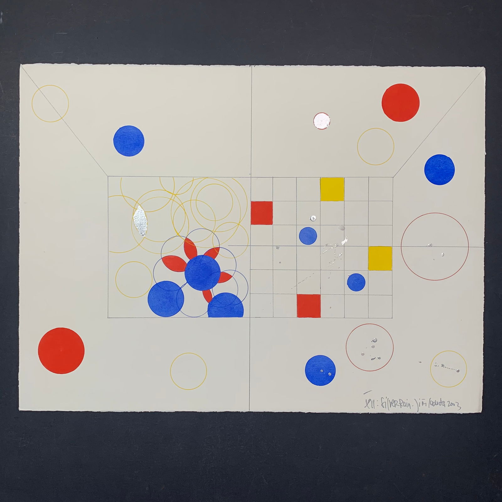 Jiri Ladocha's "Silver Rain XII" Original: Jiri Ladocha's "Silver Rain XII" original mixed media on paper, circa 2003, signed, titled and dated lower right. Done in Ladocha's signature style of creating a grid-like background, with different s