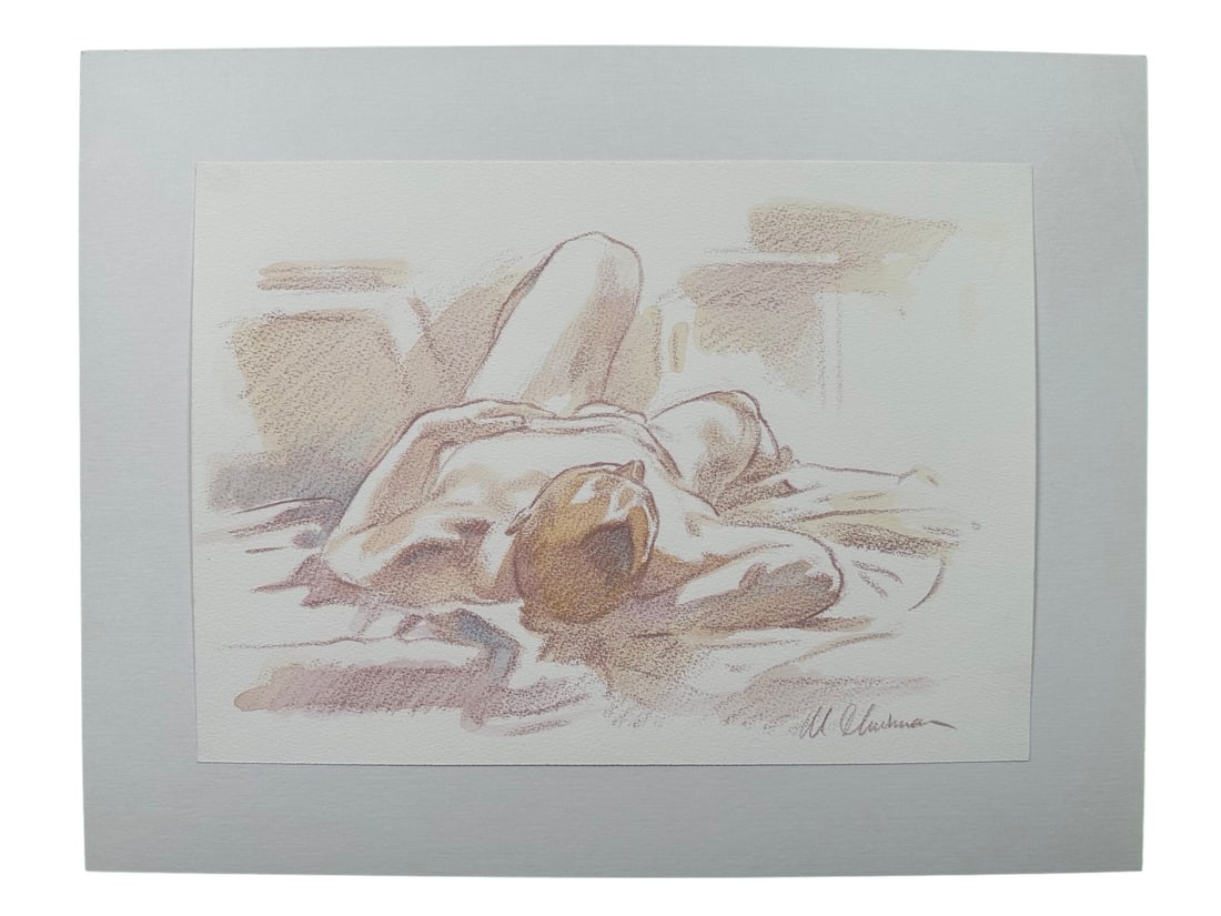 Mark Thurman's "Laying Nude" Original: Mark Thurman's "Laying Nude" original pastel on paper, signed lower right, mounted on backing. A nude male lies asleep on a bed, with his left had on his chest, and left knee raised. In excellent cond