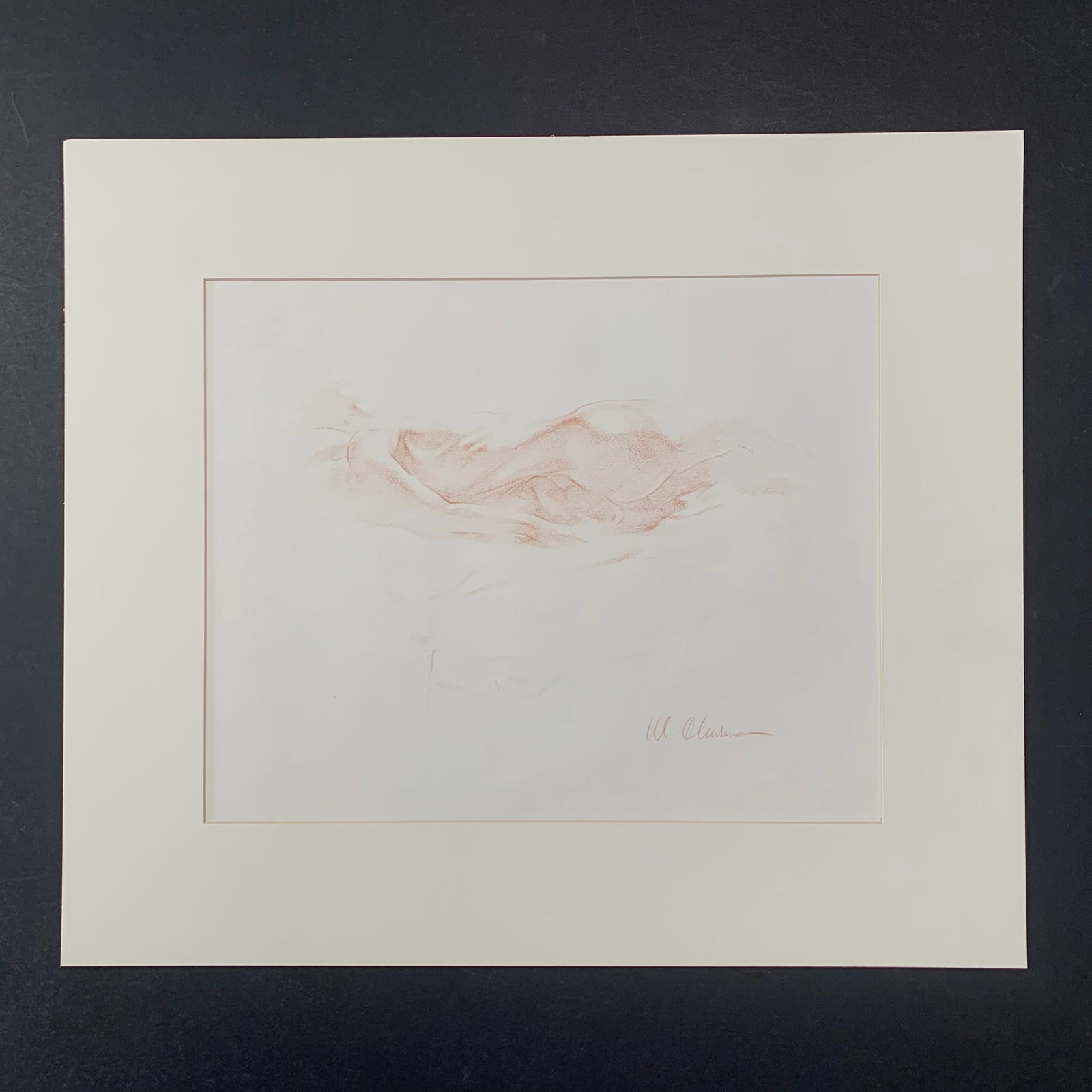 Mark Thurman Original Pencil Sketch : Mark Thurman Original Pencil sketch on paper. A woman lays on a bed. Done in reddish-brown pencil crayon. This piece is matted in off-white and in good condition. Image: 12" x 15". Matting: 19" x 22".