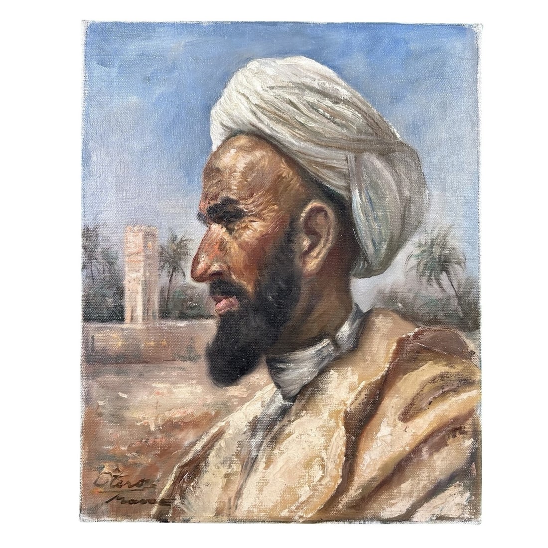 Otero Masoe, Original Portrait of an Arab Man: An original painting by Otero Masoe, with a Royal Gallery of Montreal stamp au verso, signed lower left. A portrait of an Arab man, with a black beard. Appears to be a desert setting, and in excellent