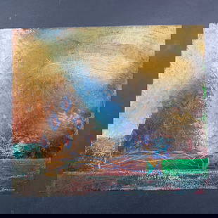 Pietro Adamo Original: Pietro Adamo original acrylic and pastel painting, on paper, signed lower right. This piece has been done in an interesting style, with blues, peaches, greens and browns. This piece is in excellent co