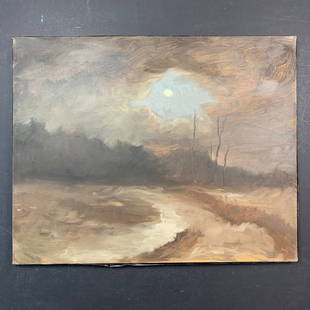 Richard Stipl, Untitled, Original Landscape on Canvas: Richard Stipl, Untitled, Original Landscape on Canvas. The moon makes an appearance from behind the clouds and illuminates the road leading to the forest. This piece is signed on the back and is in ex