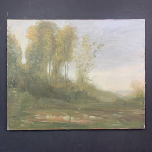 Richard Stipl, Untitled, Original Landscape on Canvas: Richard Stipl, Untitled, Original Landscape on Canvas. There is a small reflection of the trees that grow in this clearing. This piece is signed on the back and is in excellent condition Image: 24" x