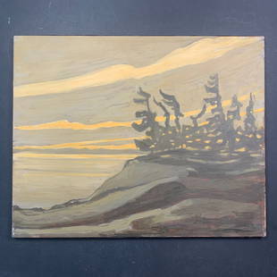 Richard Stipl's "Northwind" Original Landscape on: Richard Stipl's "Northwind" Original Landscape on Canvas. The sun is setting behind the clouds while creating a silhouette of trees. This piece is signed and titled on the back and is in excellent con