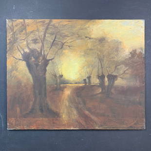 Richard Stipl's "Willow Alley" Original Landscape: Richard Stipl's "Willow Alley" Original Landscape on Canvas. The road leading to the horizon is lined with old, barren willow trees. This piece is signed and titled on the back and is in excellent con