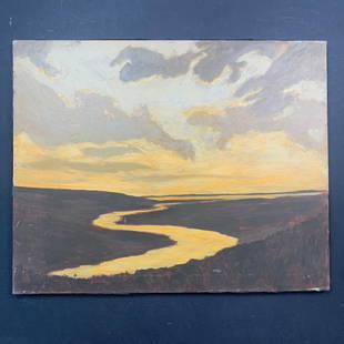 Richard Stipl's "Winding River" Original Landscape: Richard Stipl's "Winding River" Original Landscape on Canvas. Sunset gives off a warm yellow glow that reflects in the river. This piece is signed and titled on the back and is in great condition with