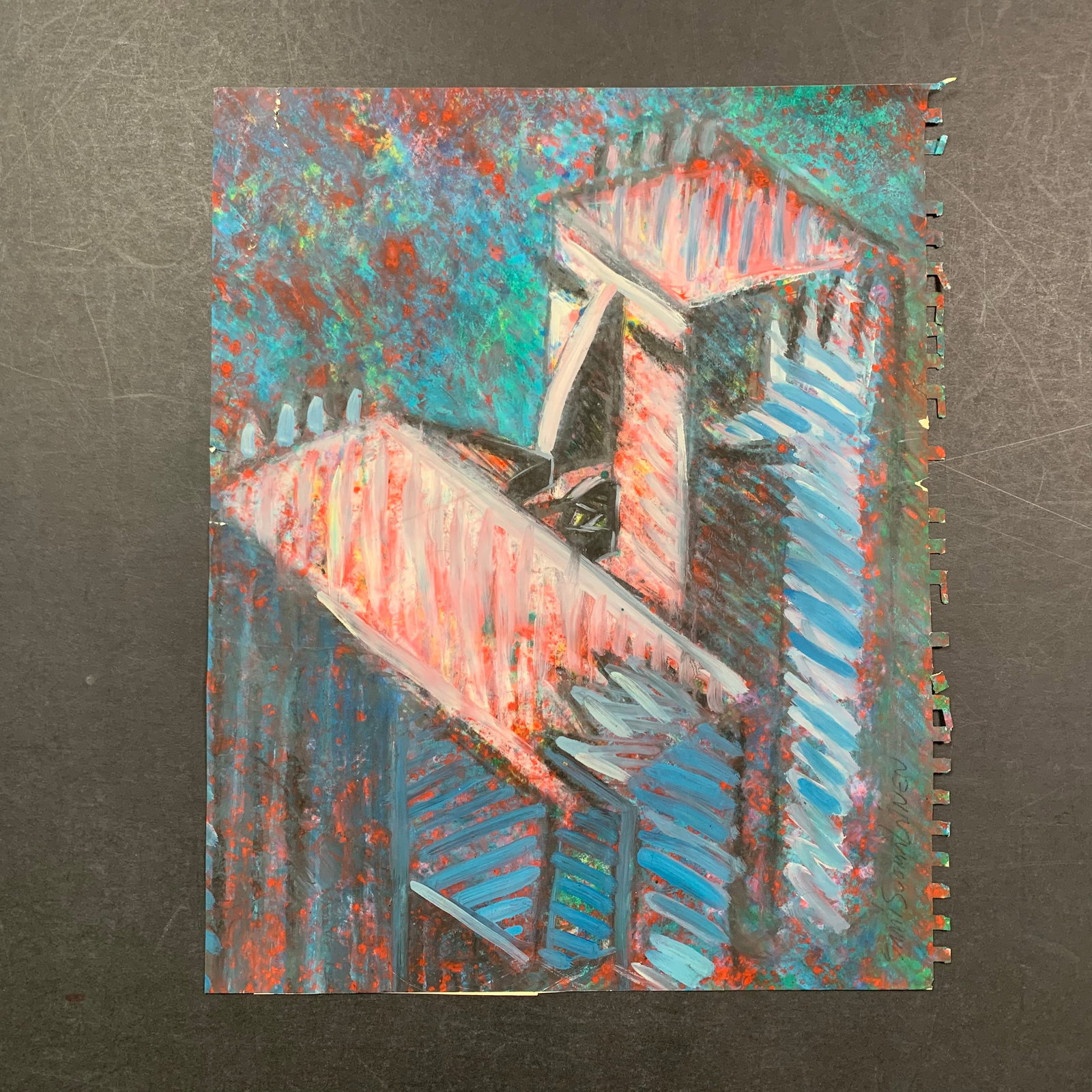Sami Suomalainen's "The Kiss" Original: Sami Suomalainen's "The Kiss" original pastel on paper, signed vertically lower right, and signed, titled and dated on reverse. This piece is is of two figures embracing each other and kissing. This p